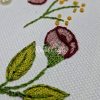 Detailed view of hand embroidered pink flower bud and green leaves against clean white material surface